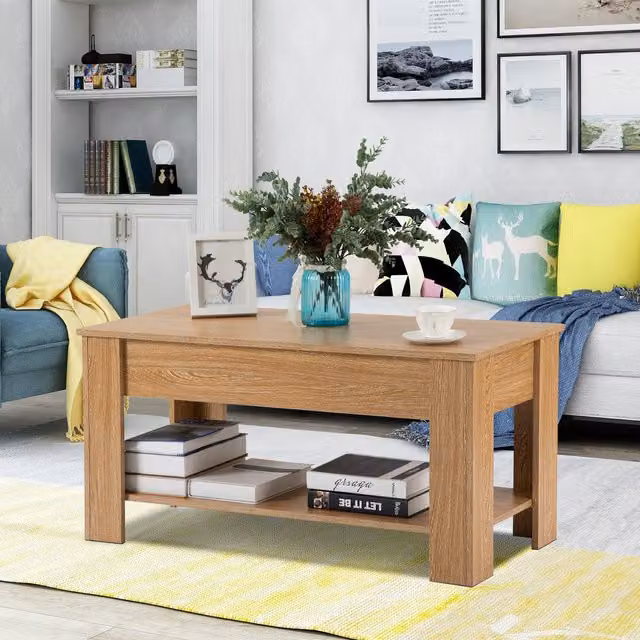 Modern Home Store Rectangular Lift Up Top Coffee Table with Storage and Shelf in Rustic Brown