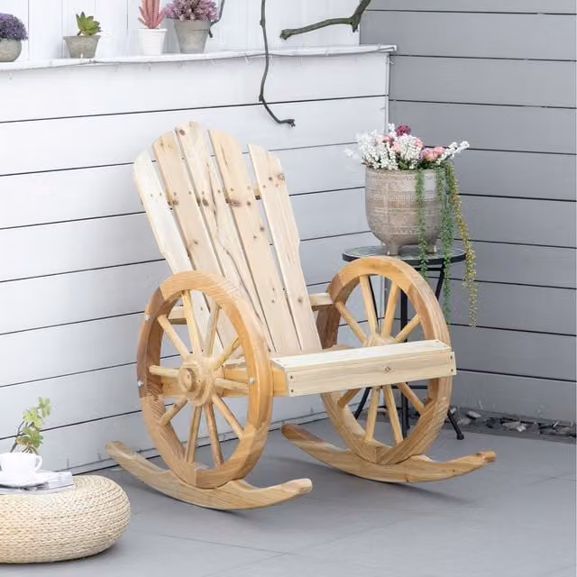 Outsunny Wooden Adirondack Rocking Chair in Natural Brown and Beige