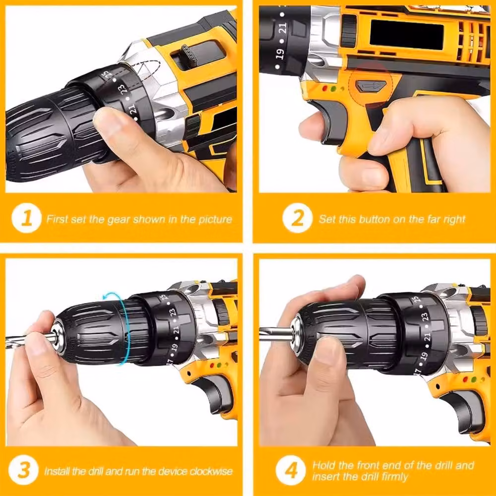 Ventryn 21V Cordless Combi Drill and Electric Screwdriver in Yellow with 2 Rechargeable Batteries – 4
