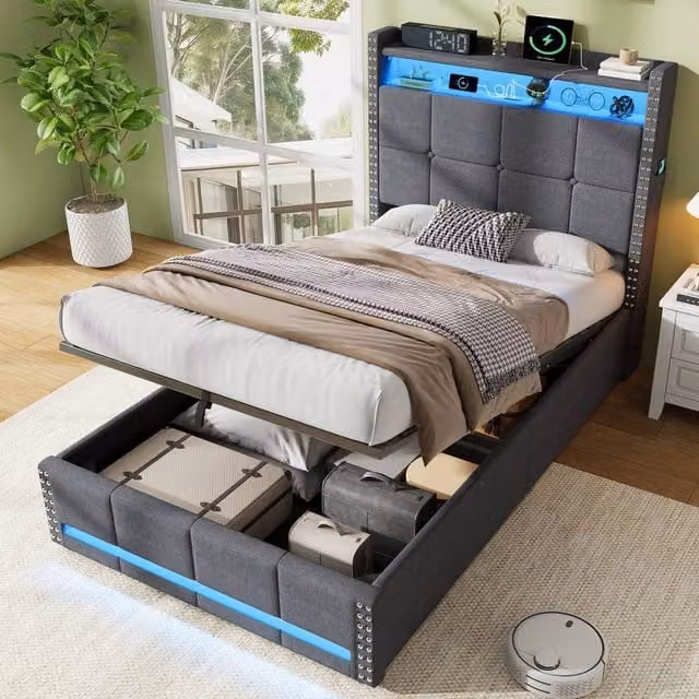 Merax 3FT Single Linen Ottoman Bed in Grey with LED Lighting and USB Charging Headboard, W/D/H: 90 x 190 x 115 cm