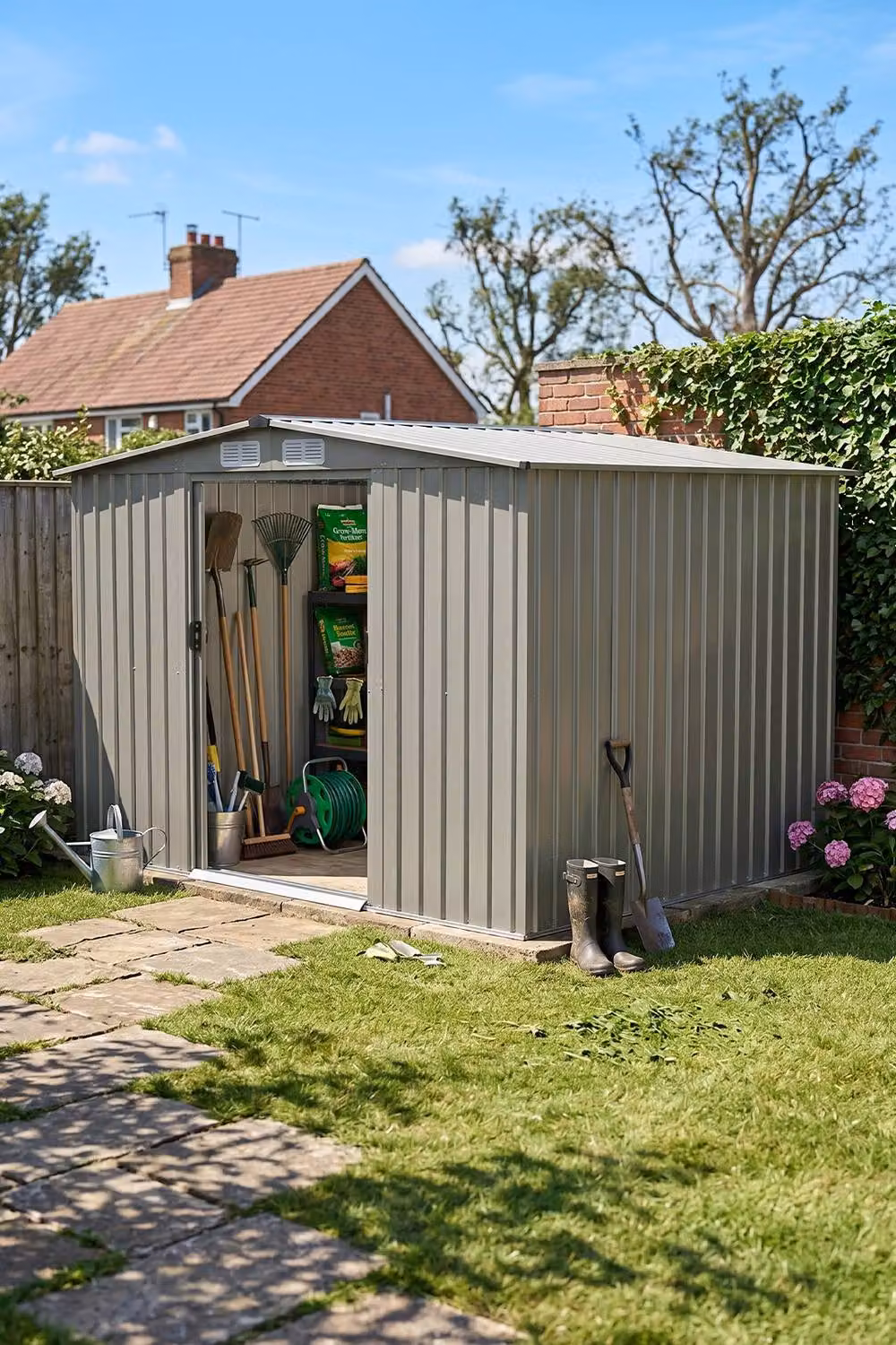 Garden Sanctuary Modern Metal Garden Tool Storage Shed with Double Doors and Gable Roof, Grey, W: 243.84 cm, D: 182.88 cm – 2