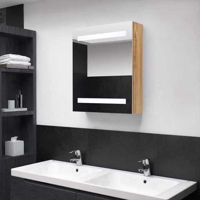 Berkfield Home LED Bathroom Mirror Cabinet in Brown Oak, W/D/H: 50 x 14 x 60 cm
