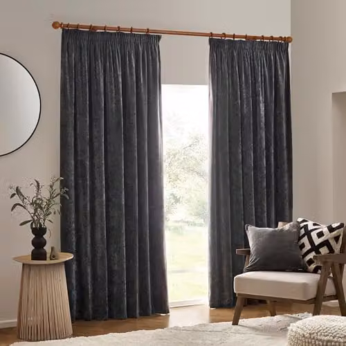 Yard Heavy Chenille Velvet Pencil Pleat Curtain Pair in Charcoal Grey, W: 229 cm, H: 229 cm – 2