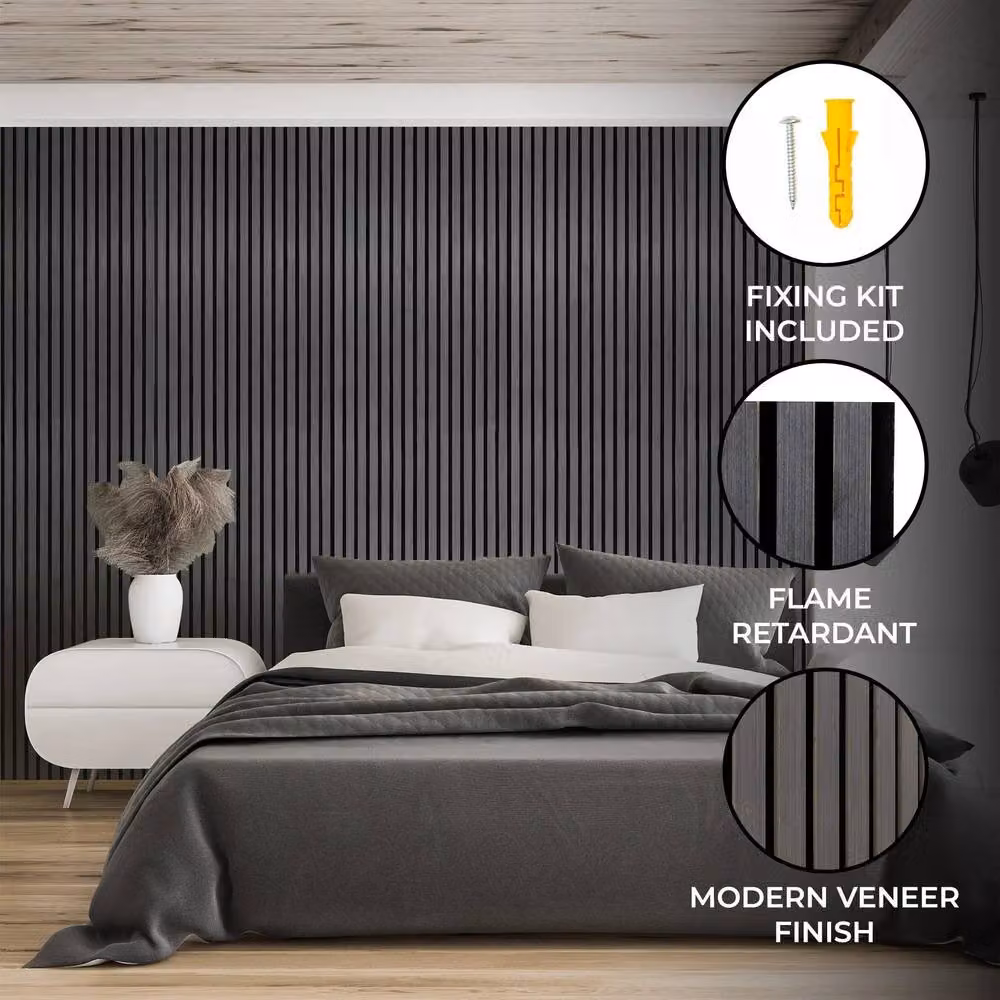 Monstershop Acoustic Slat Wall Panel in Anthracite Grey Wood Look, H 240 x W 60 x D 1.2 cm – 2