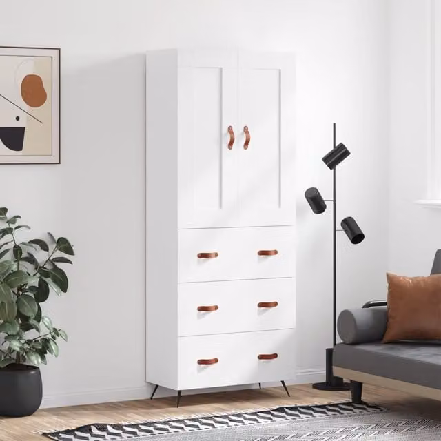Berkfield Home Modern White Highboard with Hinged Doors and Internal Shelves, W/D/H: 69.5 x 34 x 180 cm