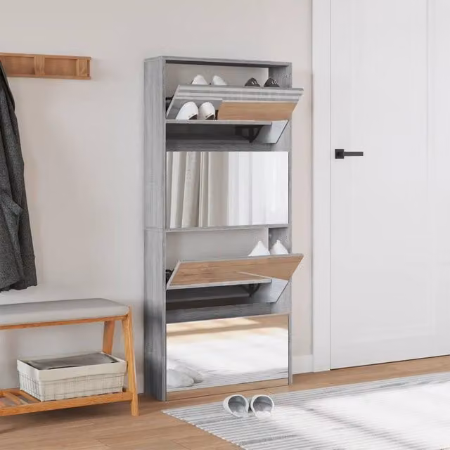 Berkfield Home 4-Layer Shoe Cabinet with Mirror in Grey Sonoma, W: 63 cm, D: 17 cm, H: 134 cm
