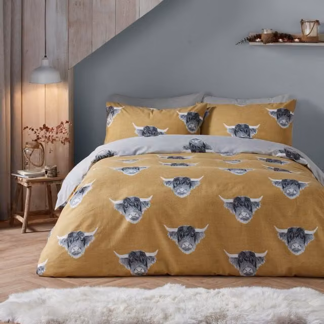 Fusion Highland Cow Brushed Duvet Cover Set in Yellow and Grey