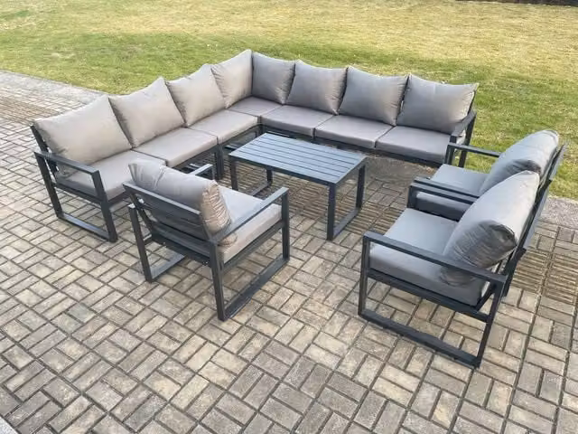 Fimous Modern L-Shape Aluminium Garden Lounge Corner Sofa Set with Oblong Coffee Table and 3 Chairs in Dark Grey