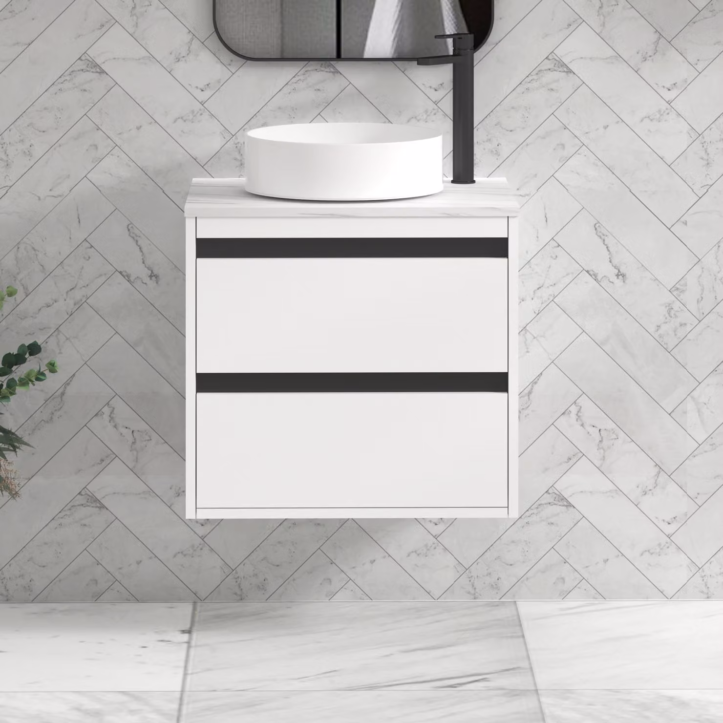 Royal Bathrooms Orion 600mm Matt White Wall Hung Vanity Unit with 2 Drawers, Art Basin and Black Accent Trim