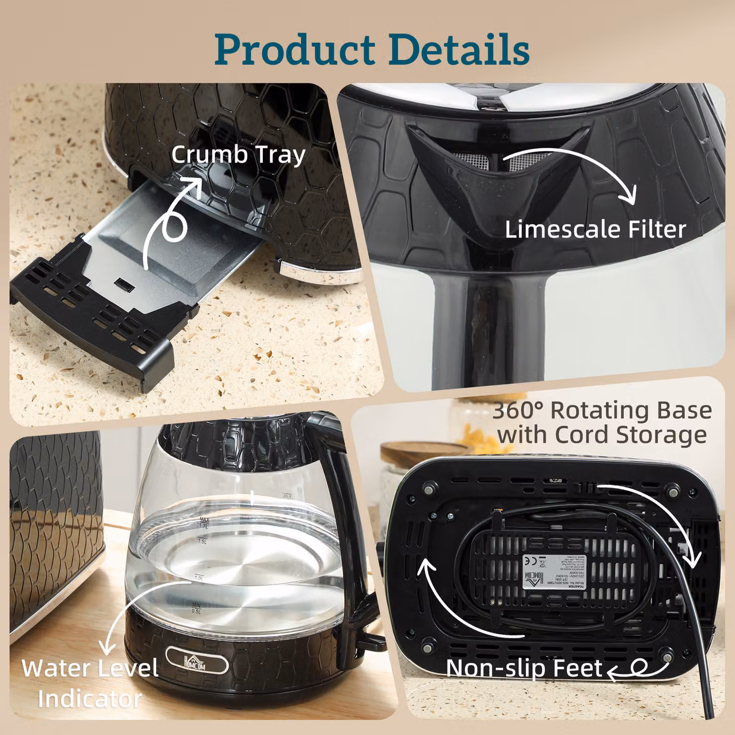 HOMCOM Kettle and Toaster Set in Black, featuring a 1.7 l Rapid Kettle with Limescale Filter and a 2-Slice Toaster – 5