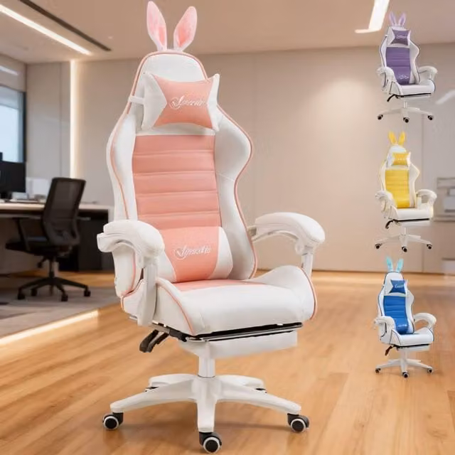 ERGOVEXA Pink Racing Gaming Chair with Footrest and Headrest, Reclining Synthetic Leather Computer Chair – 1