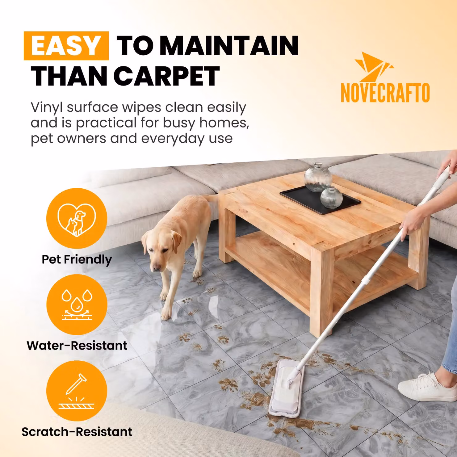 Novecrafto Self-Adhesive Vinyl Floor Tiles, 30 Pack, Charcoal Marble Flow Pattern, W/D: 30.5 x 30.5 cm – 4