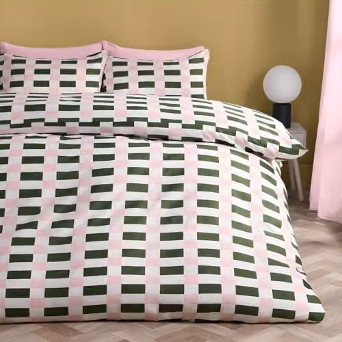 OHS King Size Checkerboard Microfibre Duvet Cover and Pillowcase Set in Green and Pink, W/D/H: 220 x 220 x 180 cm – 2