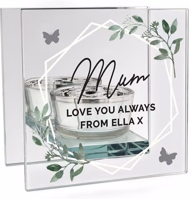 Personalised Memento Company Botanical Mirrored Glass Tea Light Candle Holder in Metallic Silver