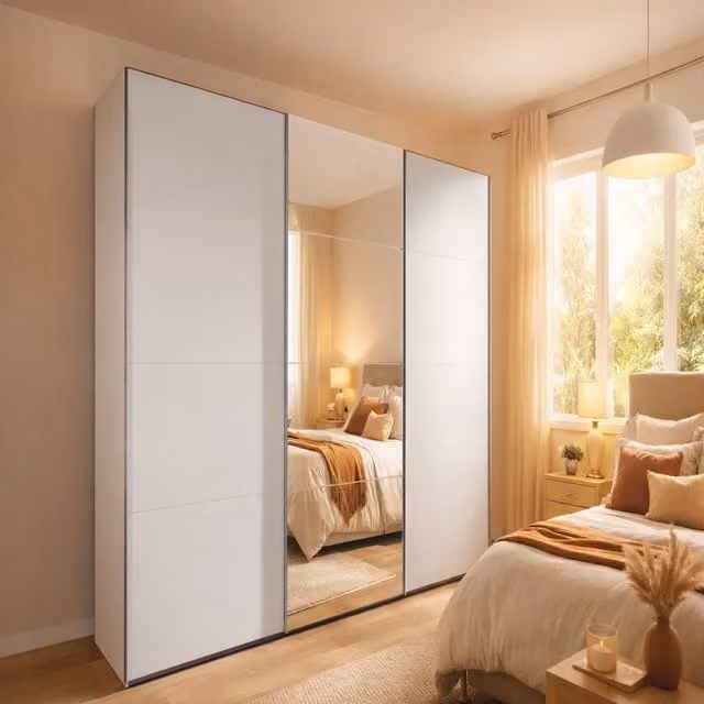 TJS Erine White Modern Sliding Wardrobe with Mirror and Internal Shelving, Width: 270 cm