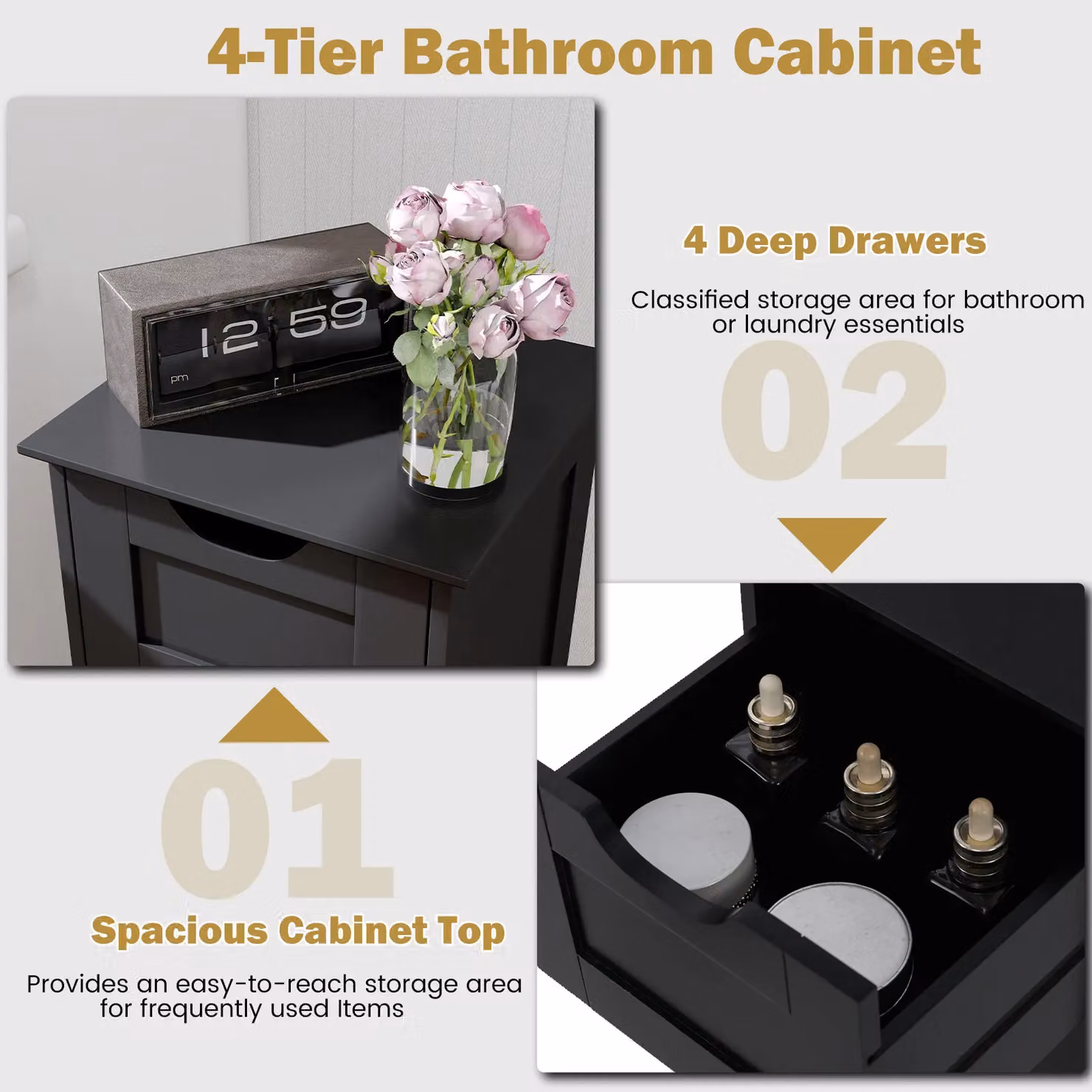 Gymax Modern Matt Black Freestanding 4-Drawer Narrow Storage Cupboard Bathroom Floor Cabinet – 8