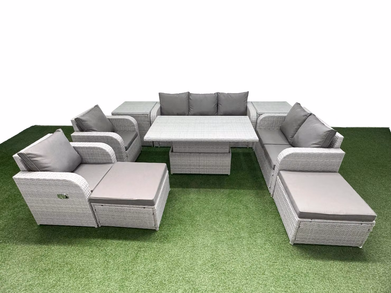 Fimous Grey PE Rattan Garden Furniture Set with Reclining Chairs, 2 Seater Sofa, Coffee Table and Matching Ottoman – 2