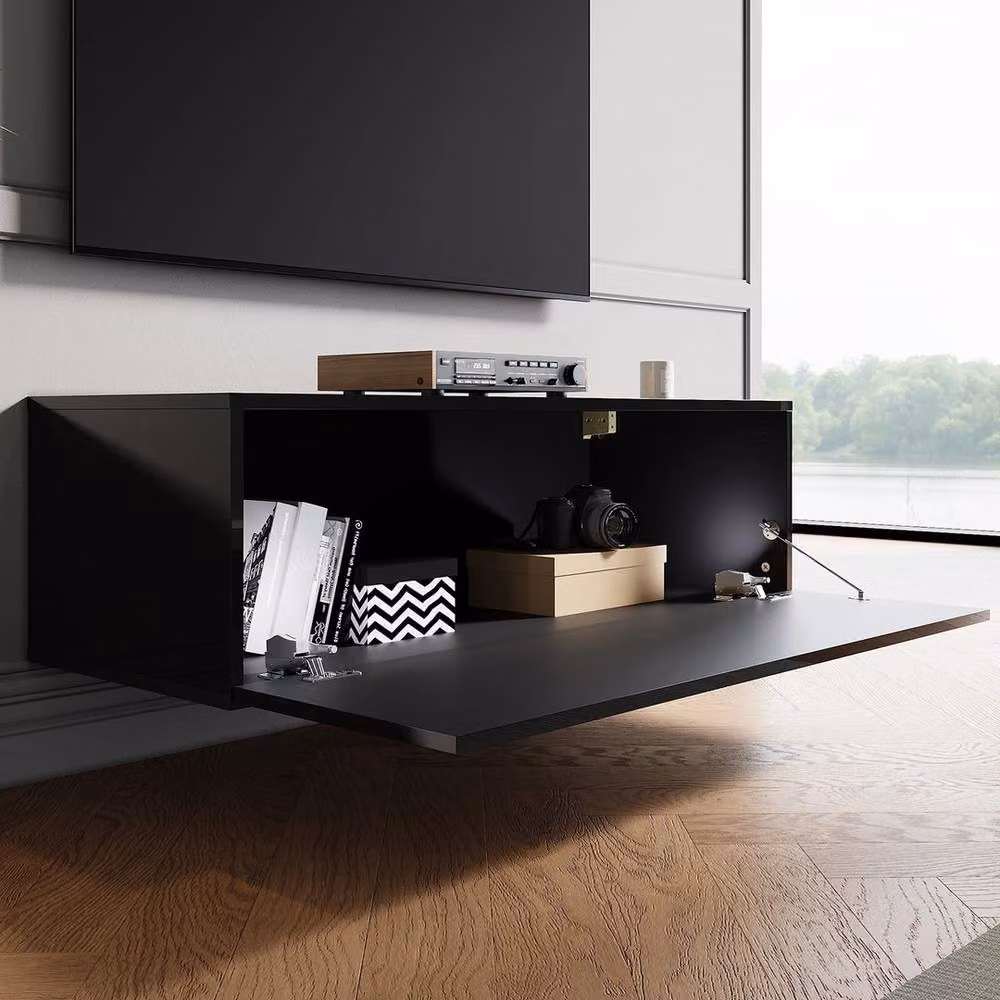 ERGOVEXA Floating TV Cabinet Stand Unit with Storage Door in Black Glossy MDF, W/D/H: 100 x 40 x 30 cm – 3