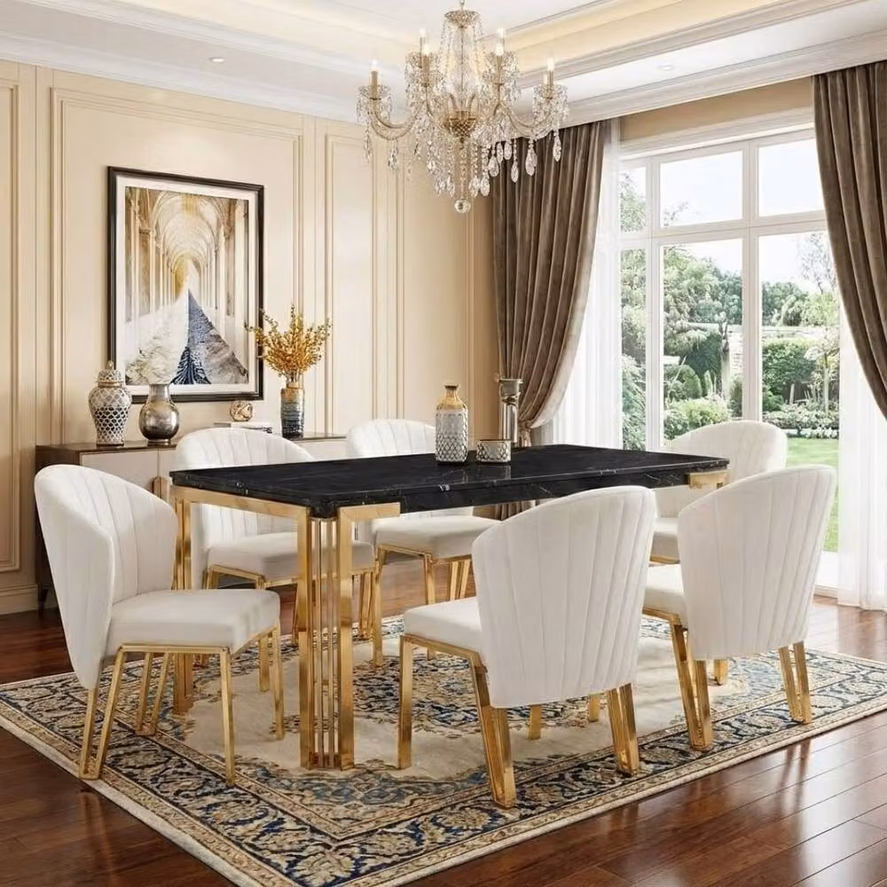 Home Luxe Interior Sorrento 180cm Black Marble Dining Table with Gold Legs and 6 Fabio Beige Chairs – 2