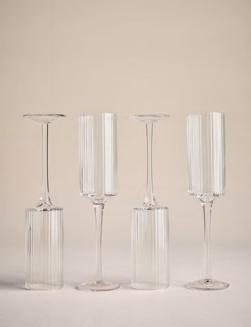 M&S Set of 4 Handmade Celine Striped Transparent Glass Champagne Flutes
