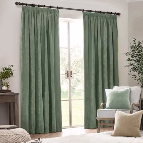 Yard Heavy Chenille Velvet Pencil Pleat Curtain Pair in Green, W: 168 cm, H: 229 cm – 2