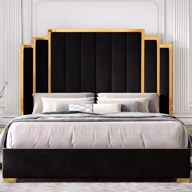 Paradise Beds Ltd Royal Touch Velvet Upholstered Double Bed Set in Black, W/D/H: 140 x 200 cm