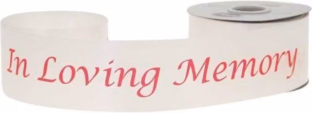 KDMD In Loving Memory Poly Ribbon, White with Red Text, Width: 5.08 cm, Length: 45.72 m