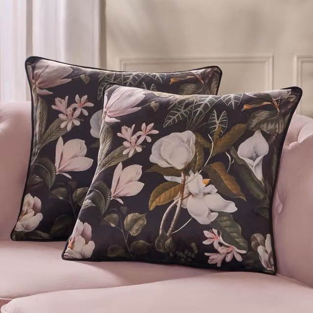 OHS Pack of 2 Black Matte Velvet Floral Square Cushion Covers