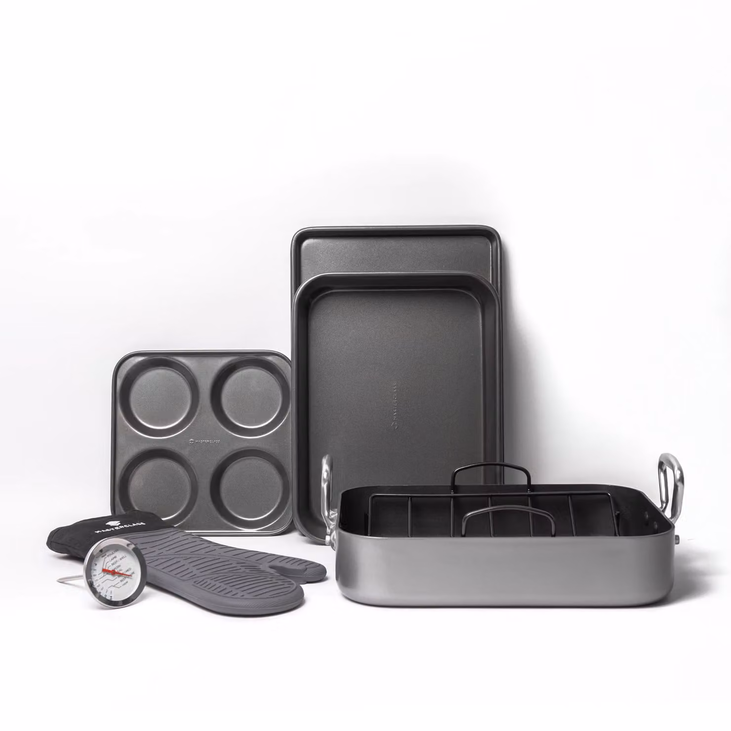MasterClass 6-Piece Black Non-Stick Rectangular Roasting Set with Carbon Steel Pans, Meat Thermometer and Silicone Oven Glove – 1