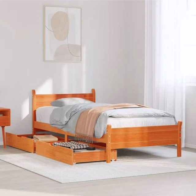 Berkfield Home Solid Wood Pine Bed Frame with Drawers, Wax Brown, W/D/H: 100 x 200 cm