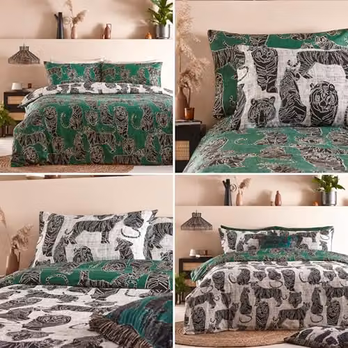 Terrys Wild Cat Reversible Duvet Cover and Pillowcase Set, Green and White, W/D/H: 200 x 200 cm – 3