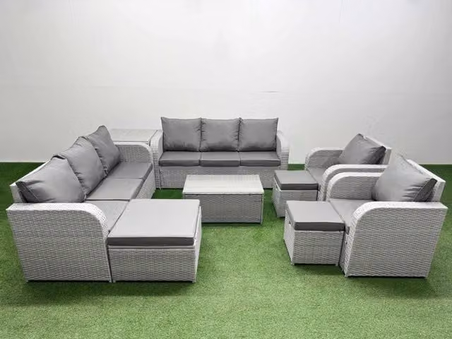 Fimous PE Rattan High Back Lounge Sofa Set in Light Grey with 3 Seater Sofa, Reclining Chair, 3 Stools, Coffee Table and Ottoman