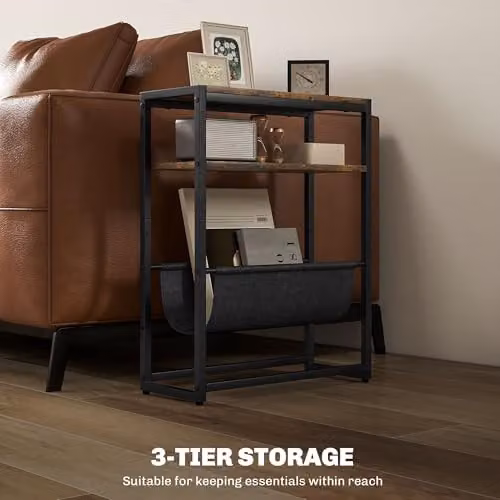 HOMCOM Industrial Narrow Side Table with 3-Tier Storage, Brown and Black, W: 43 cm, D: 18 cm, H: 56 cm – 4