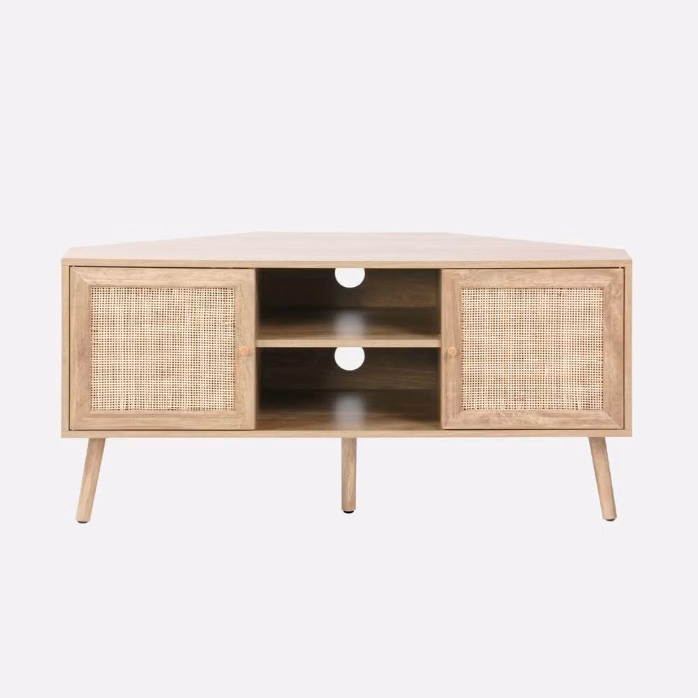 Sweekeet Retro TV Unit with Rattan Doors in Light Brown, W: 115 cm, H: 56 cm, D: 55 cm – 2
