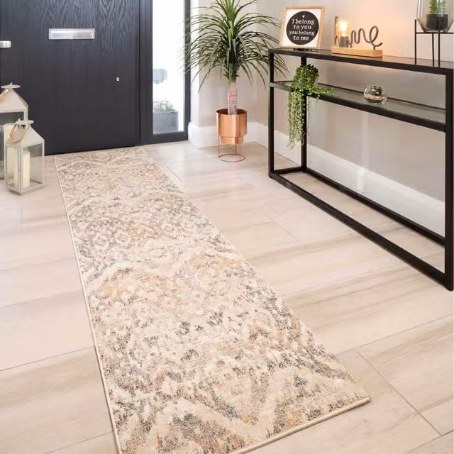 The Rug House Distressed Diamond Geometric Vintage Living Area Rug in Beige, Pink and Anthracite, W: 240 cm, D: 60 cm