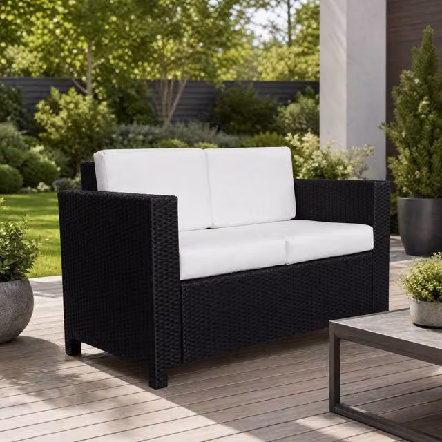 STILVORA 2 Seater Sofa with Cushions in Black with Metal and Rattan Details – 1