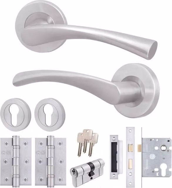 AFIT Satin Door Handle Rose with Double Cylinder and Hinges, 1 Pair, Silver, W/D/H: 15 x 15 x 15 cm