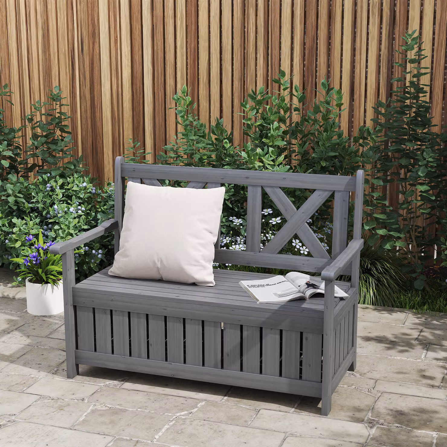 Outsunny 2-Seater Garden Storage Bench in Grey Treated Hardwood with Armrests, W/D/H: 115 x 85 x 220 cm – 2