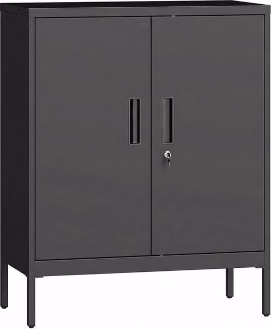 Rolipo Black Metal Lockable Storage Cabinet with Adjustable Shelves and Hinged Doors