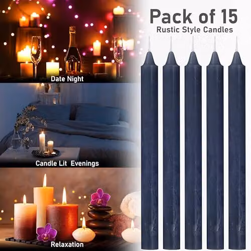 Deco Express Set of 15 Blue Rustic Tapered Wax Candles – 6