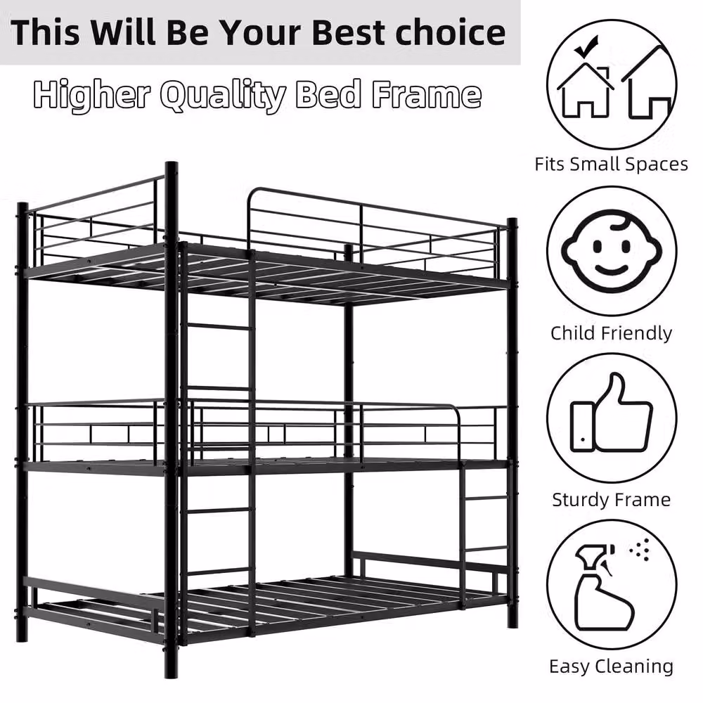 Matteo Black Three-Layer Reinforced Iron Bunk Bed, Single Size, W/D/H: 90 x 200 cm – 3