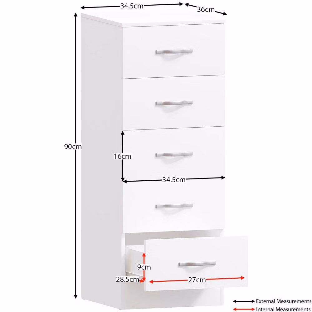 HD Designs Riano 5 Drawer Narrow Freestanding Chest in White Matt – 2