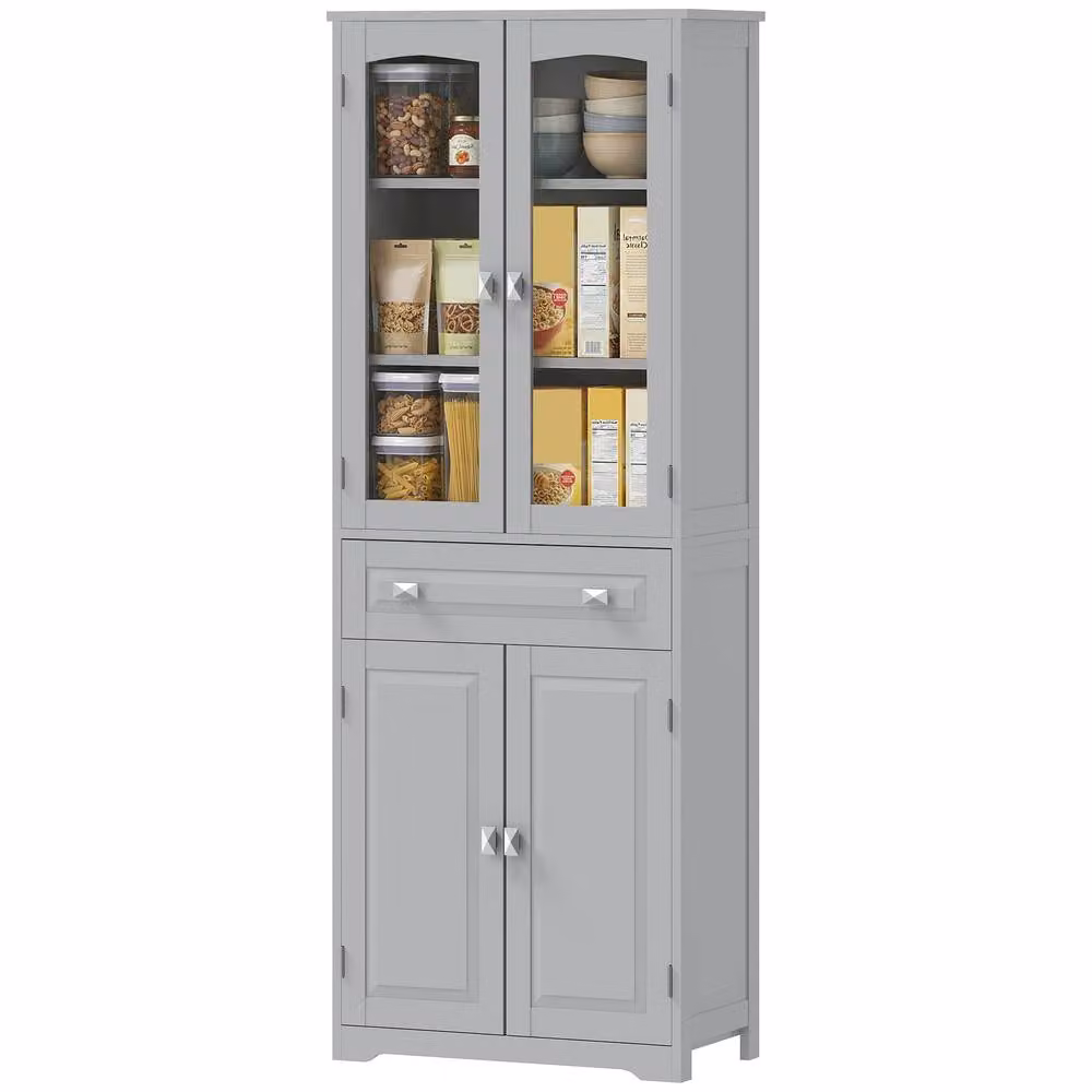 STILVORA Grey Tall Kitchen Storage Cabinet with Glass Doors and Internal Shelves, H: 160 x W: 60 x D: 30 cm – 3