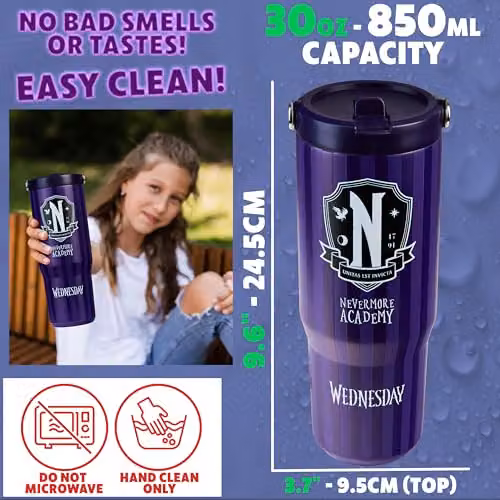 Get Trend Wednesday Insulated Metal Travel Tumbler with Flip Up Straw and Handle, 850ml, Purple – 6