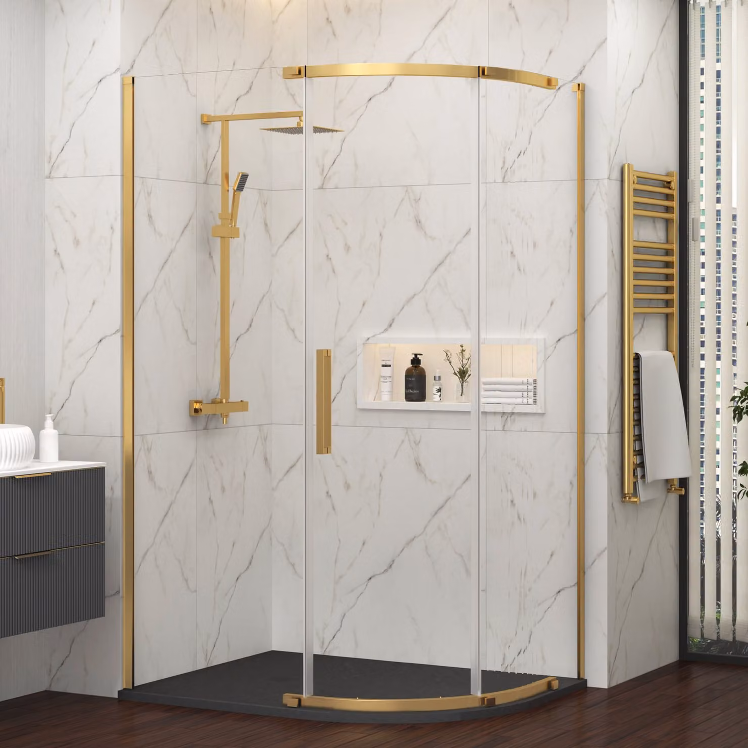 Royal Bathrooms Chelsea Single Door Offset Quadrant Shower Enclosure with Black Mineral Cast Stone Tray, W: 120 cm, H: 195 cm, 8mm Easy Clean Glass, Brushed Brass