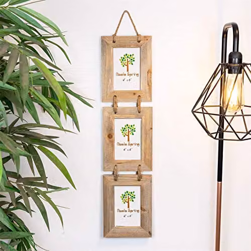Nicola Spring Pack of 5 Rustic Wooden Hanging 3-Photo Frames in Brown, Fits 10 x 15 cm Photos – 3