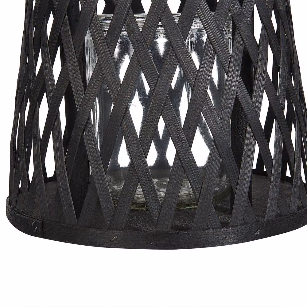 Wyld and Coco Boho Black Handwoven Bamboo and Glass Pillar Candle Lantern, Height: 38 cm – 4