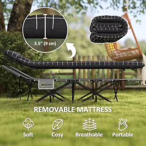 Outsunny Folding Camping Bed for Adults with Padded Foam, Adjustable Headrest and Side Compartments, Black – 3