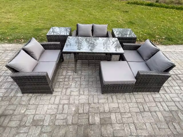 Fimous Dark Grey PE Rattan Garden Furniture Set with Oblong Dining Table, Double Seat Sofa and 2 Side Tables