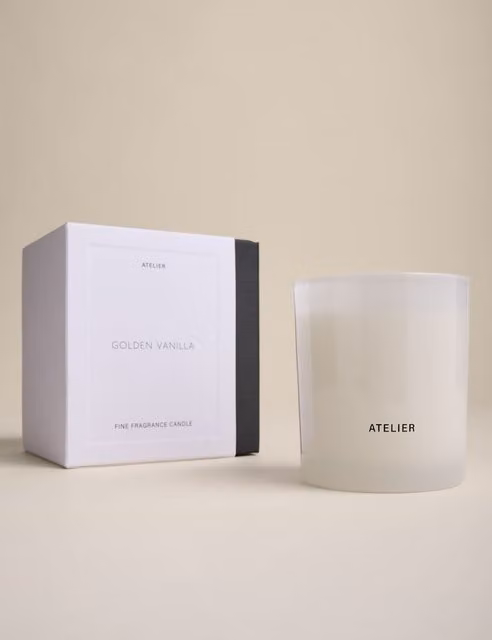 Atelier Golden Vanilla Scented Tabletop Candle in Black and White Glass